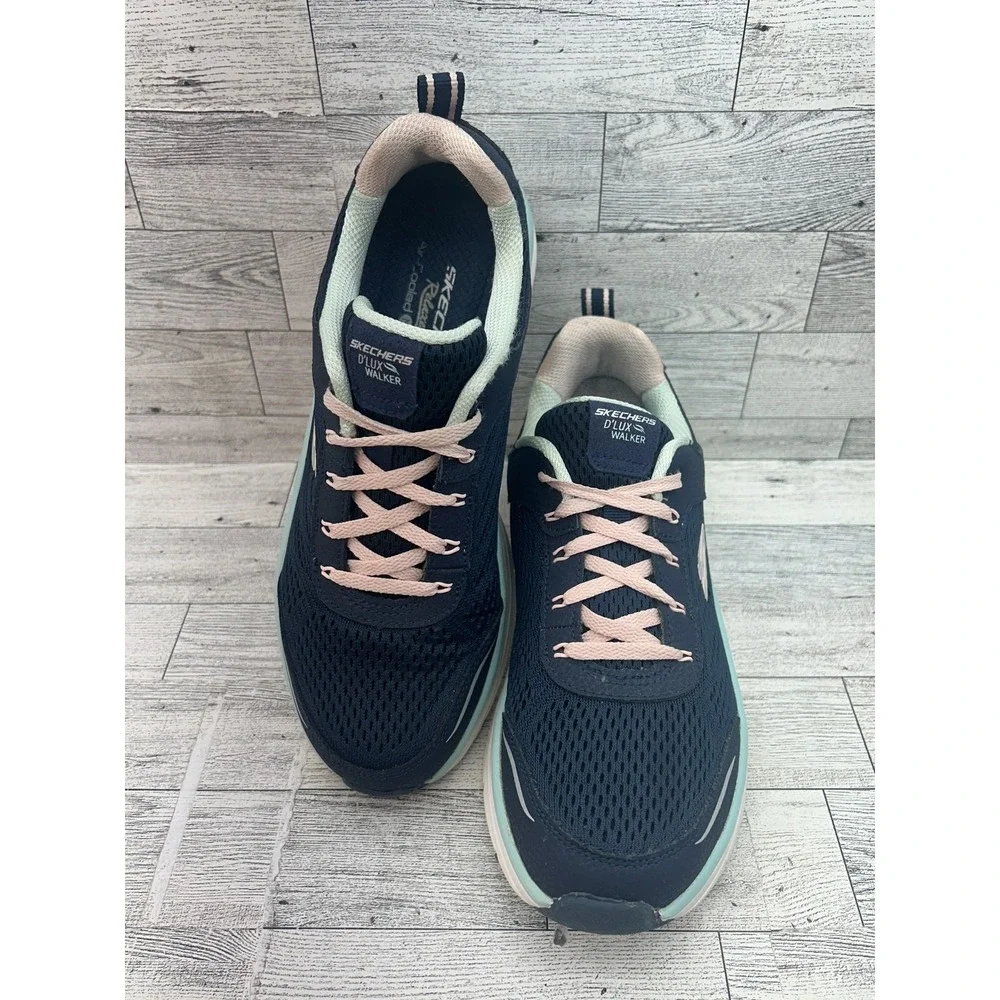 Skechers D'LUX Walker Shoes Womens Size 9.5 Navy Blue‎ Pink Memory Foam Comfort